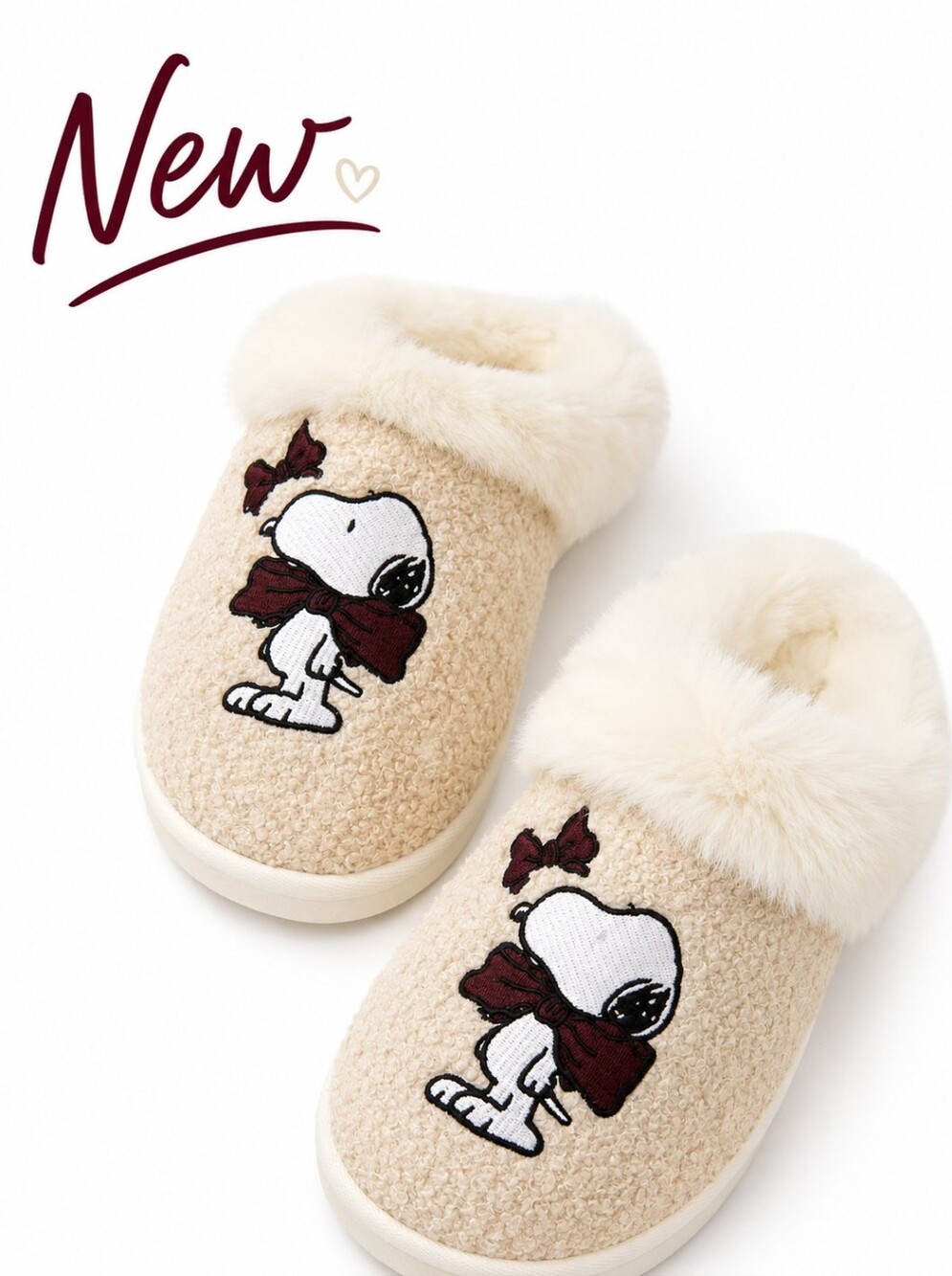 New! American Eagle Snoopy Plush Faux Fur Slippers Cozy Cream Peanuts Slippers